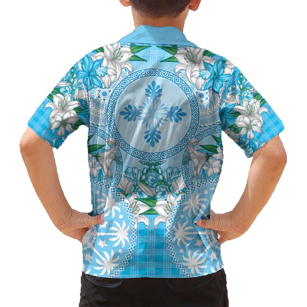 Hawaii Cyan Palaka Family Matching Puletasi and Hawaiian Shirt With Tapa Pattern Tropical Flowers LT05 - Polynesian Pride