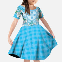 Hawaii Cyan Palaka Family Matching Puletasi and Hawaiian Shirt With Tapa Pattern Tropical Flowers LT05 Daughter's Dress Cyan - Polynesian Pride