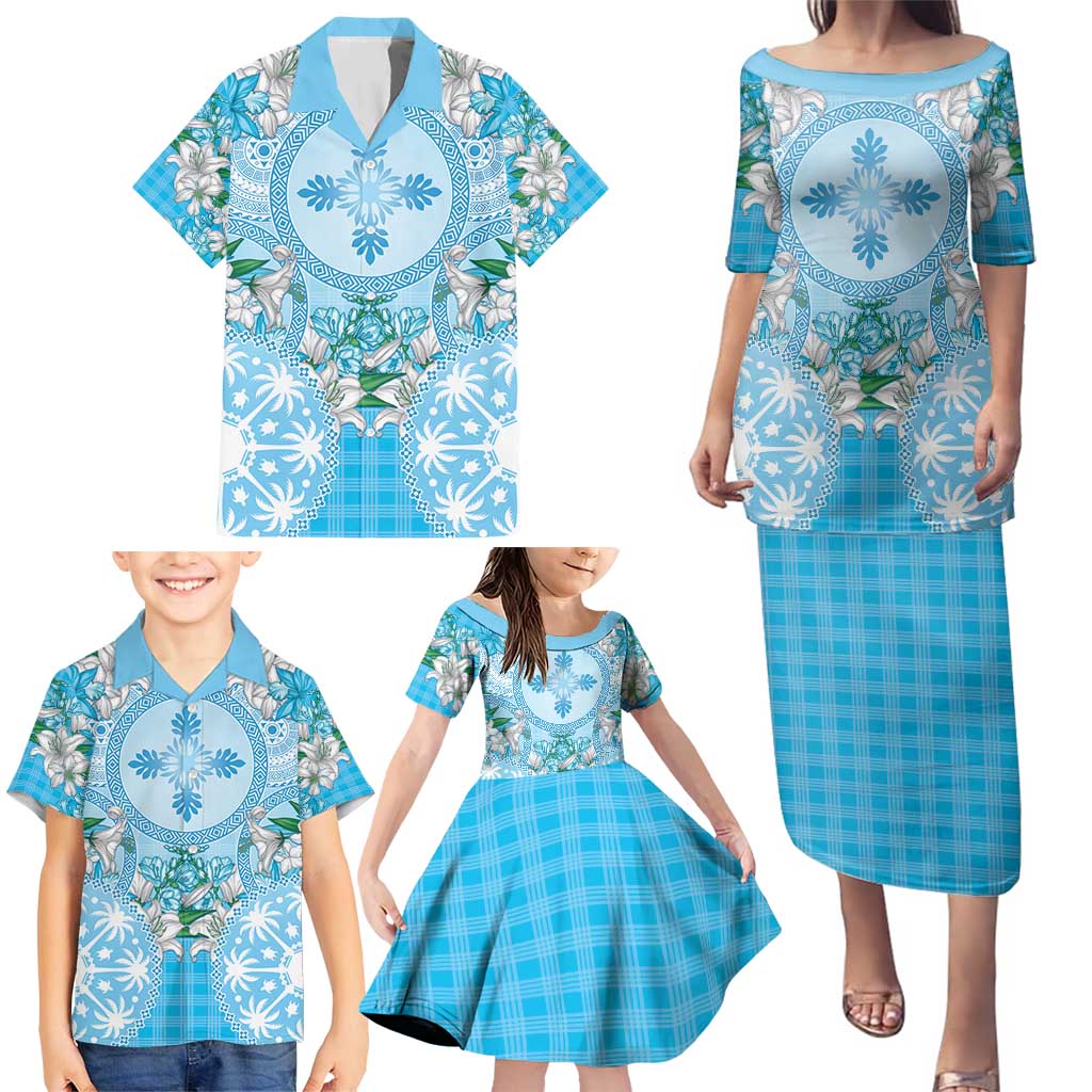 Hawaii Cyan Palaka Family Matching Puletasi and Hawaiian Shirt With Tapa Pattern Tropical Flowers LT05 - Polynesian Pride