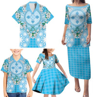 Hawaii Cyan Palaka Family Matching Puletasi and Hawaiian Shirt With Tapa Pattern Tropical Flowers LT05 - Polynesian Pride