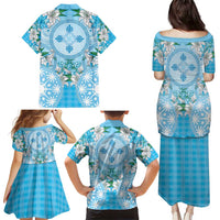 Hawaii Cyan Palaka Family Matching Puletasi and Hawaiian Shirt With Tapa Pattern Tropical Flowers LT05 - Polynesian Pride