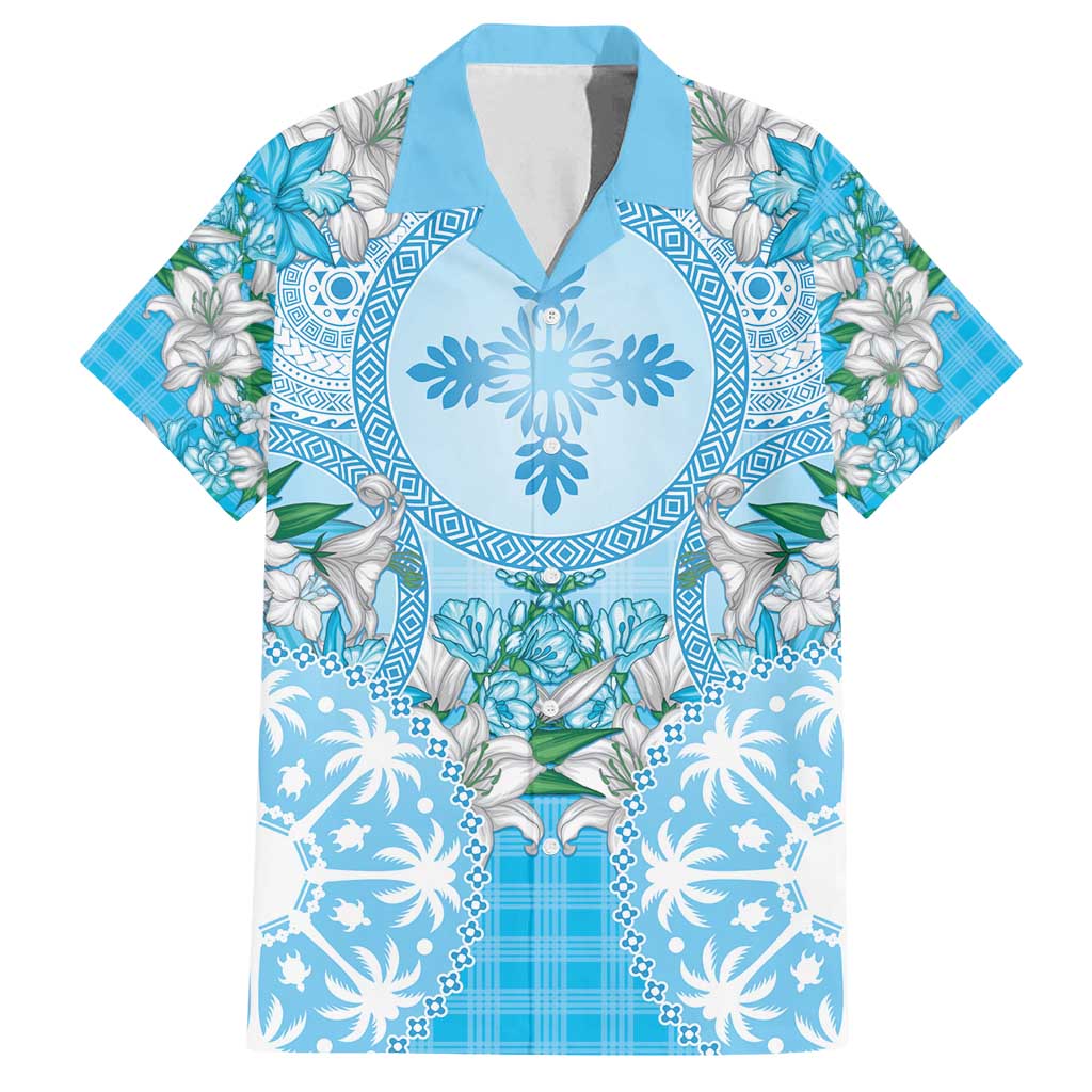 Hawaii Cyan Palaka Family Matching Puletasi and Hawaiian Shirt With Tapa Pattern Tropical Flowers LT05 Dad's Shirt - Short Sleeve Cyan - Polynesian Pride