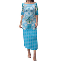 Hawaii Cyan Palaka Family Matching Puletasi and Hawaiian Shirt With Tapa Pattern Tropical Flowers LT05 Mom's Dress Cyan - Polynesian Pride