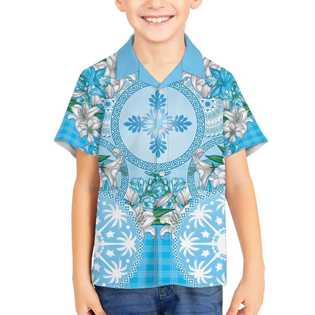 Hawaii Cyan Palaka Family Matching Puletasi and Hawaiian Shirt With Tapa Pattern Tropical Flowers LT05 Son's Shirt Cyan - Polynesian Pride