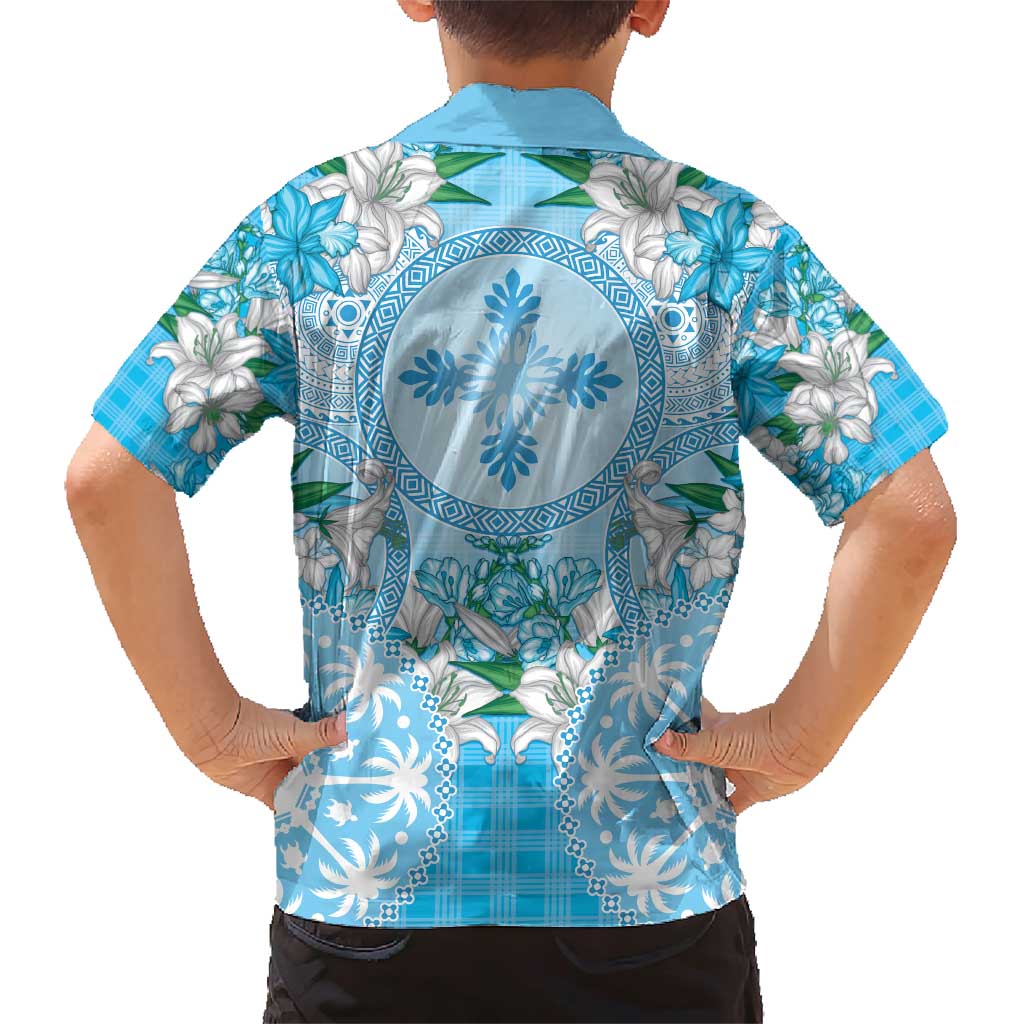 Hawaii Cyan Palaka Family Matching Short Sleeve Bodycon Dress and Hawaiian Shirt With Tapa Pattern Tropical Flowers - Polynesian Pride