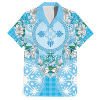 Hawaii Cyan Palaka Family Matching Short Sleeve Bodycon Dress and Hawaiian Shirt With Tapa Pattern Tropical Flowers - Polynesian Pride