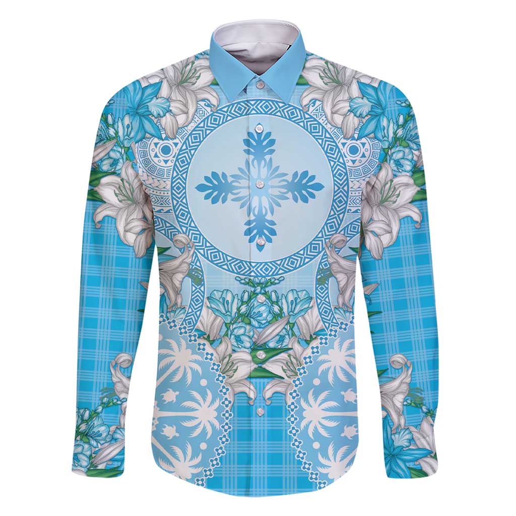 Hawaii Cyan Palaka Family Matching Short Sleeve Bodycon Dress and Hawaiian Shirt With Tapa Pattern Tropical Flowers - Polynesian Pride