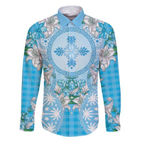 Hawaii Cyan Palaka Family Matching Short Sleeve Bodycon Dress and Hawaiian Shirt With Tapa Pattern Tropical Flowers - Polynesian Pride