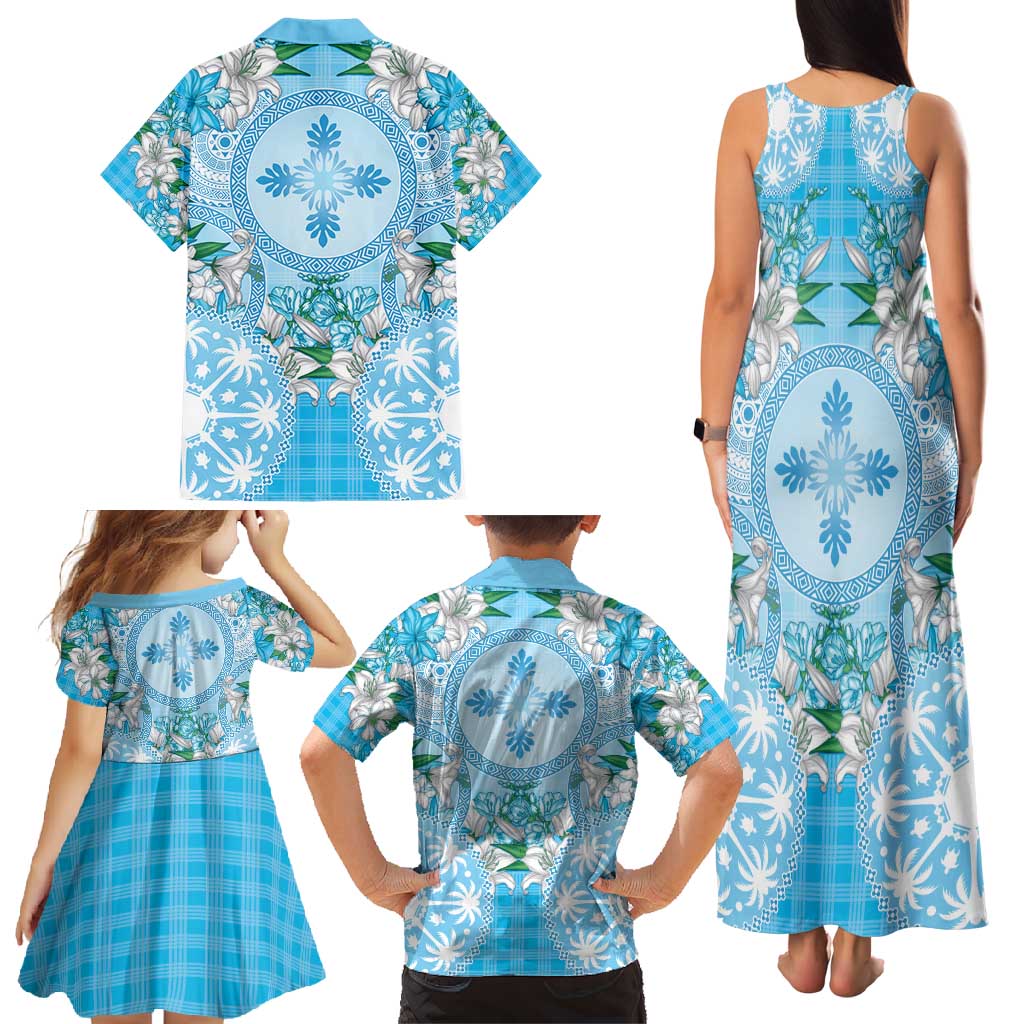 Hawaii Cyan Palaka Family Matching Tank Maxi Dress and Hawaiian Shirt With Tapa Pattern Tropical Flowers - Polynesian Pride