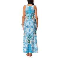 Hawaii Cyan Palaka Family Matching Tank Maxi Dress and Hawaiian Shirt With Tapa Pattern Tropical Flowers - Polynesian Pride