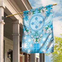 Hawaii Cyan Palaka Garden Flag With Tapa Pattern Tropical Flowers - Polynesian Pride