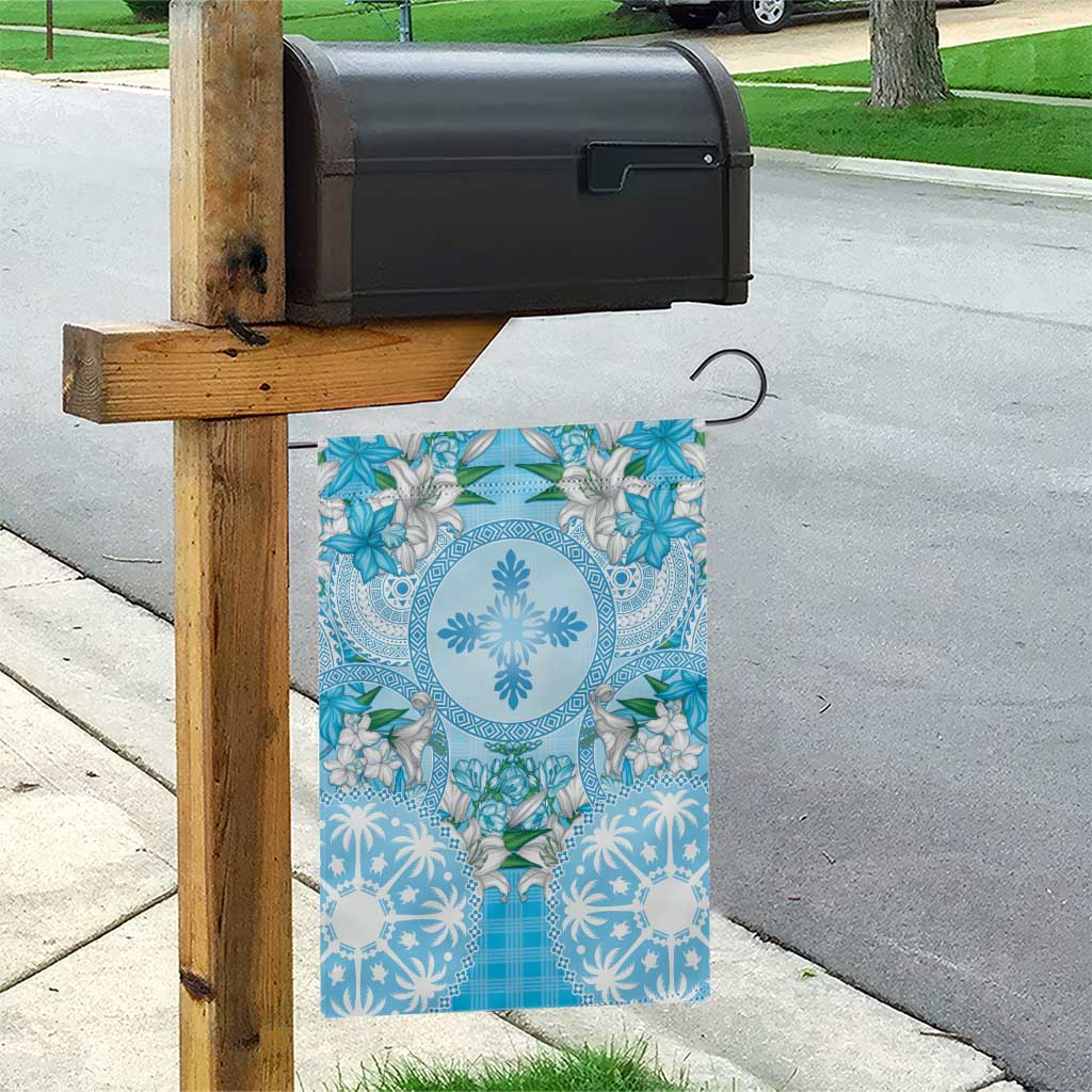 Hawaii Cyan Palaka Garden Flag With Tapa Pattern Tropical Flowers - Polynesian Pride