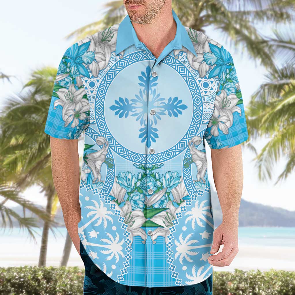Hawaii Cyan Palaka Hawaiian Shirt With Tapa Pattern Tropical Flowers - Polynesian Pride