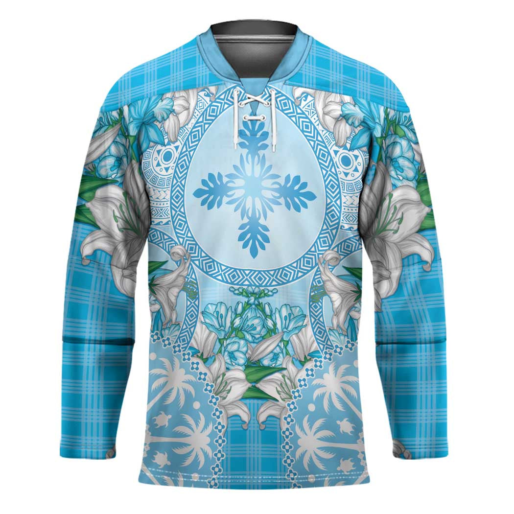 Hawaii Cyan Palaka Hockey Jersey With Tapa Pattern Tropical Flowers - Polynesian Pride