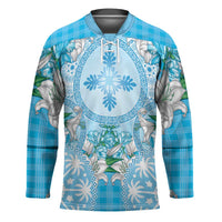 Hawaii Cyan Palaka Hockey Jersey With Tapa Pattern Tropical Flowers - Polynesian Pride