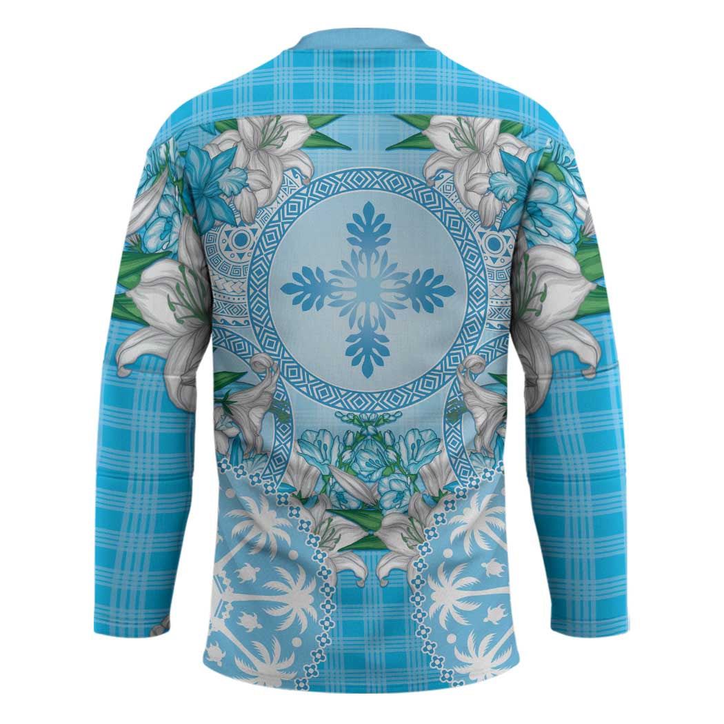 Hawaii Cyan Palaka Hockey Jersey With Tapa Pattern Tropical Flowers - Polynesian Pride