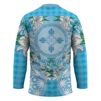 Hawaii Cyan Palaka Hockey Jersey With Tapa Pattern Tropical Flowers - Polynesian Pride