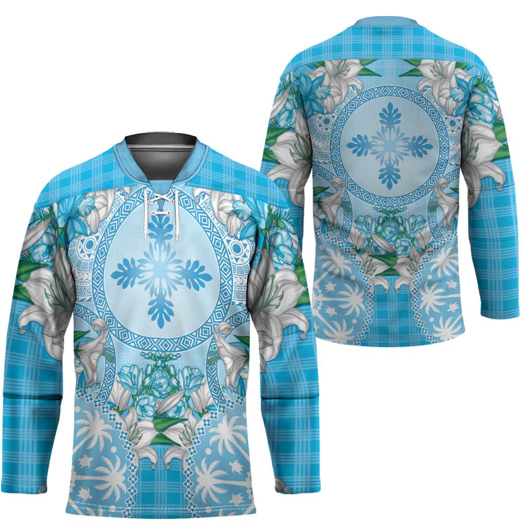 Hawaii Cyan Palaka Hockey Jersey With Tapa Pattern Tropical Flowers - Polynesian Pride