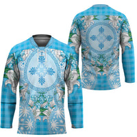 Hawaii Cyan Palaka Hockey Jersey With Tapa Pattern Tropical Flowers - Polynesian Pride