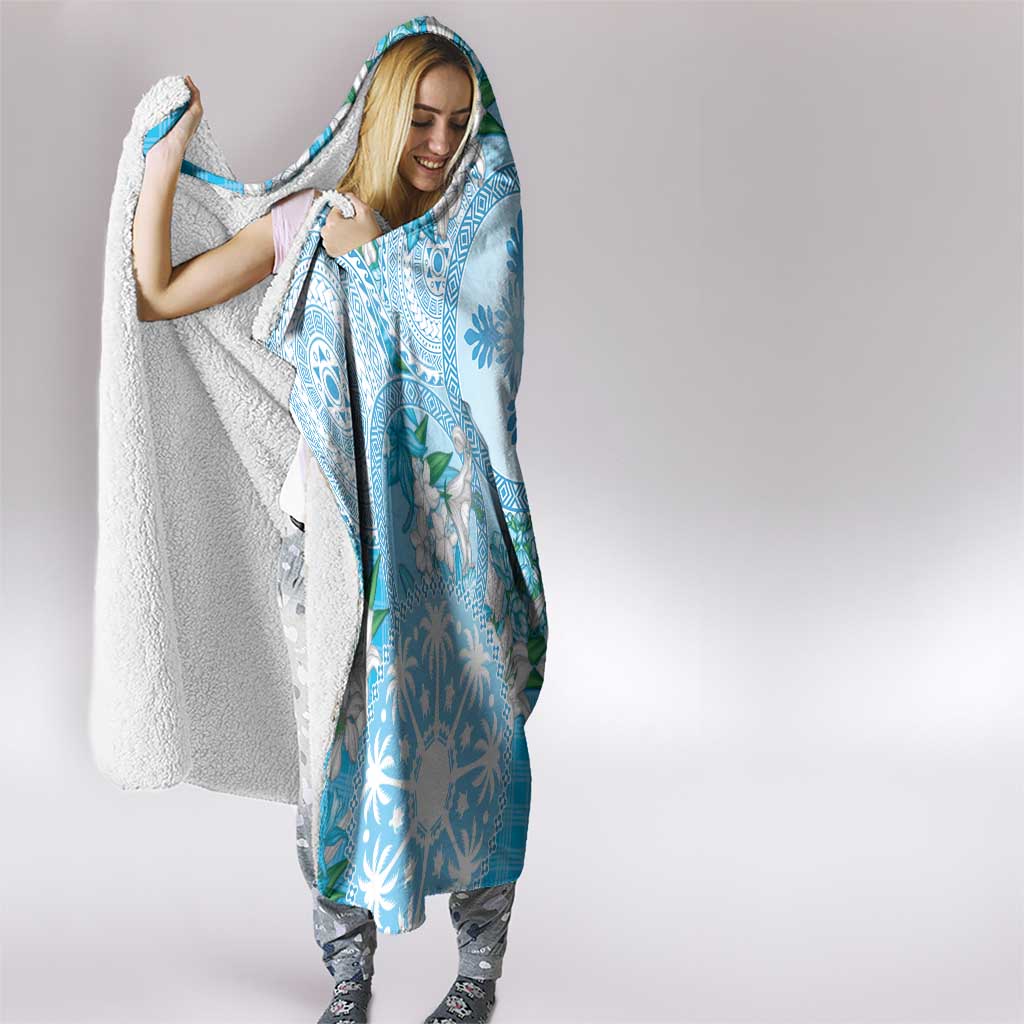 Hawaii Cyan Palaka Hooded Blanket With Tapa Pattern Tropical Flowers LT05 - Polynesian Pride