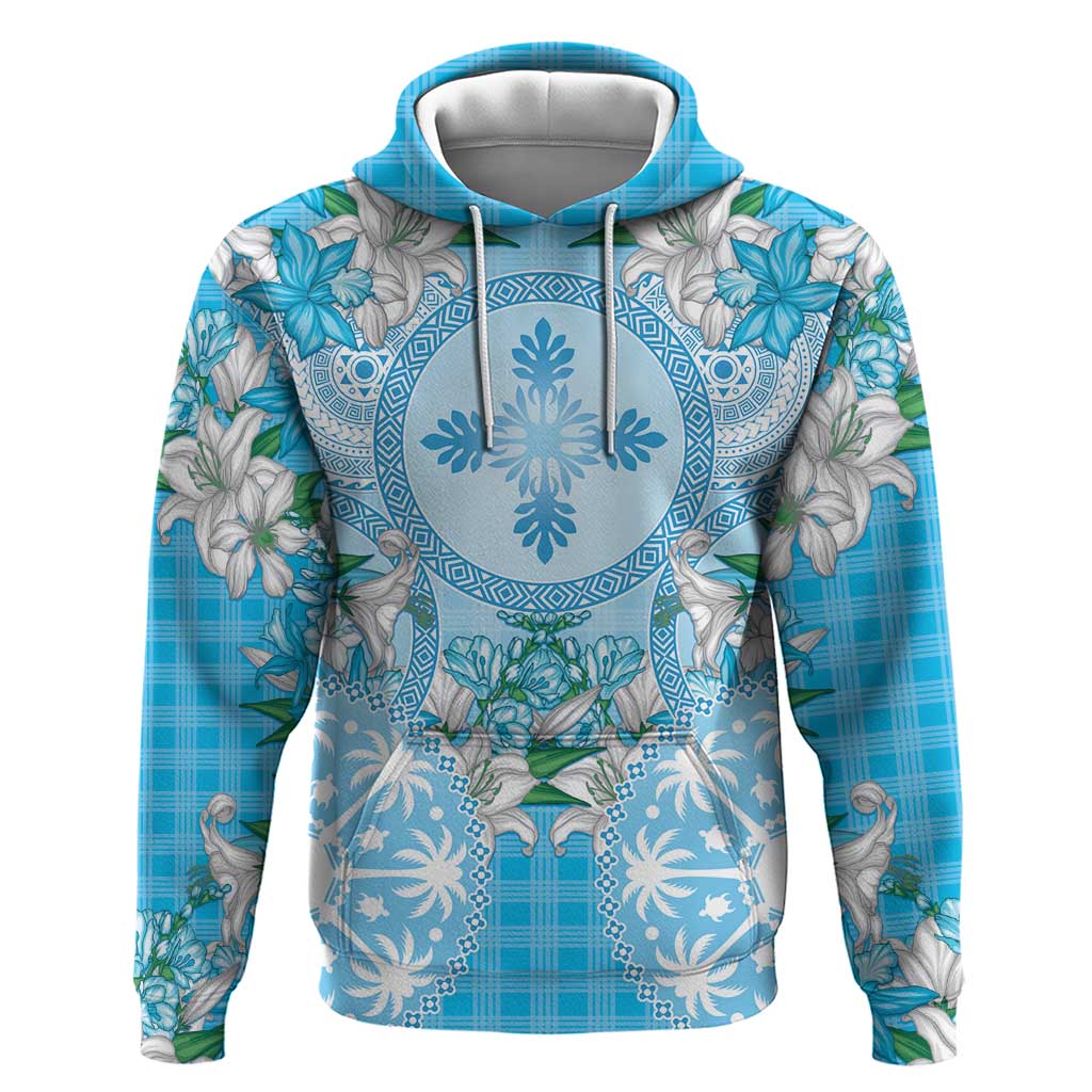Hawaii Cyan Palaka Hoodie With Tapa Pattern Tropical Flowers - Polynesian Pride
