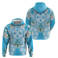 Hawaii Cyan Palaka Hoodie With Tapa Pattern Tropical Flowers - Polynesian Pride