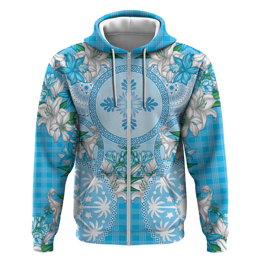 Hawaii Cyan Palaka Hoodie With Tapa Pattern Tropical Flowers - Polynesian Pride