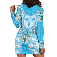 Hawaii Cyan Palaka Hoodie Dress With Tapa Pattern Tropical Flowers - Polynesian Pride