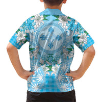 Hawaii Cyan Palaka Kid Hawaiian Shirt With Tapa Pattern Tropical Flowers - Polynesian Pride