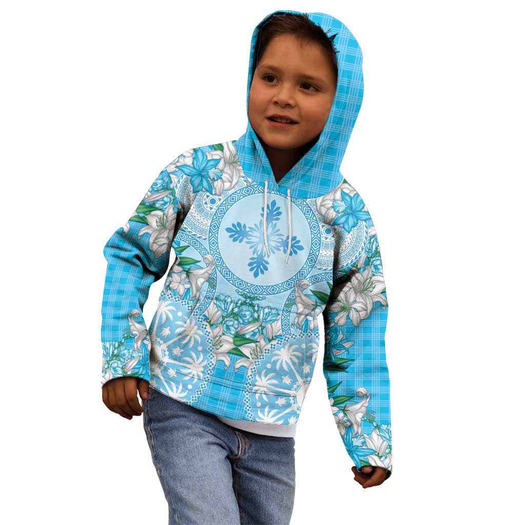 Hawaii Cyan Palaka Kid Hoodie With Tapa Pattern Tropical Flowers - Polynesian Pride