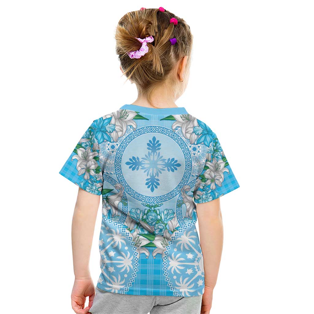 Hawaii Cyan Palaka Kid T Shirt With Tapa Pattern Tropical Flowers - Polynesian Pride