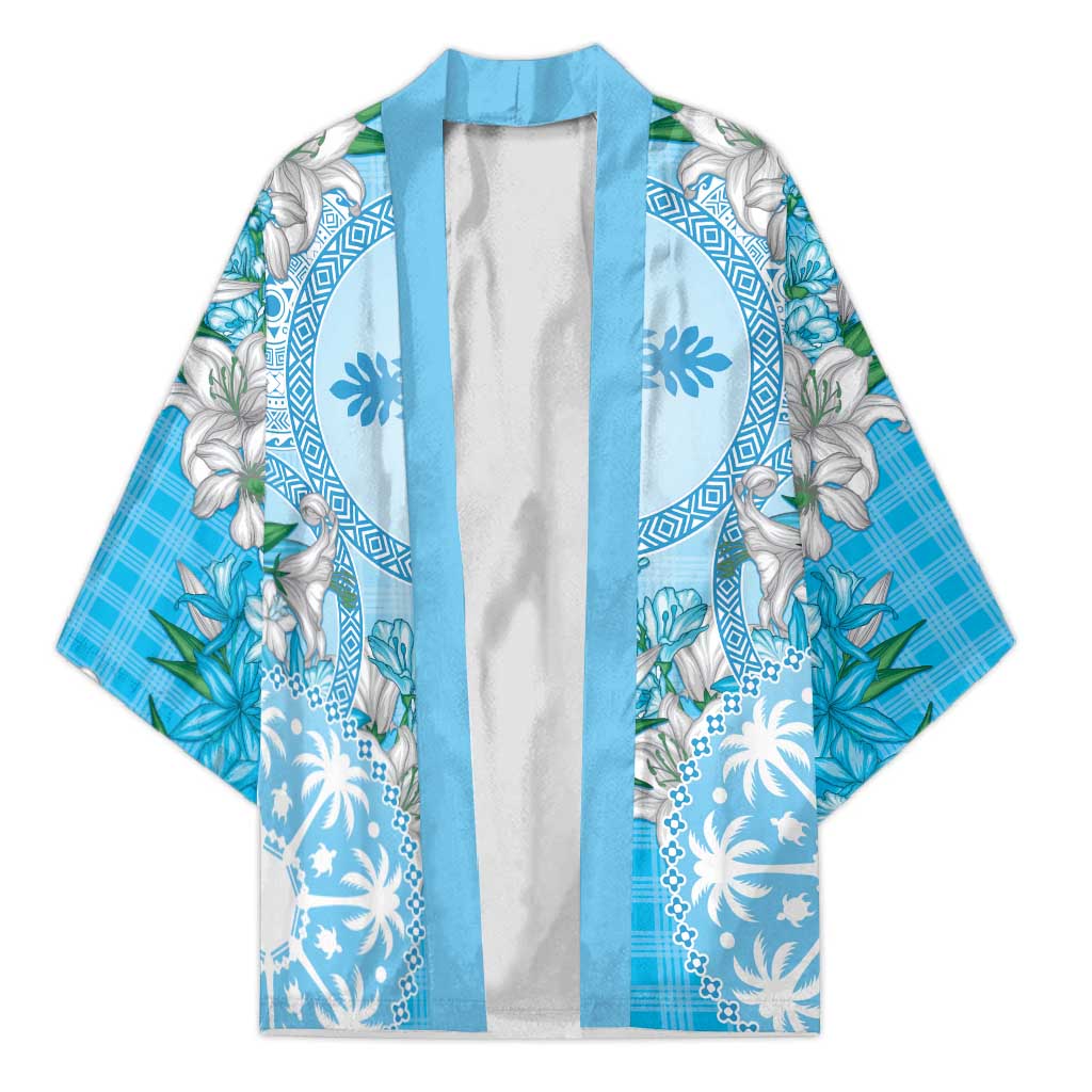 Hawaii Cyan Palaka Kimono With Tapa Pattern Tropical Flowers LT05 Unisex Cyan - Polynesian Pride