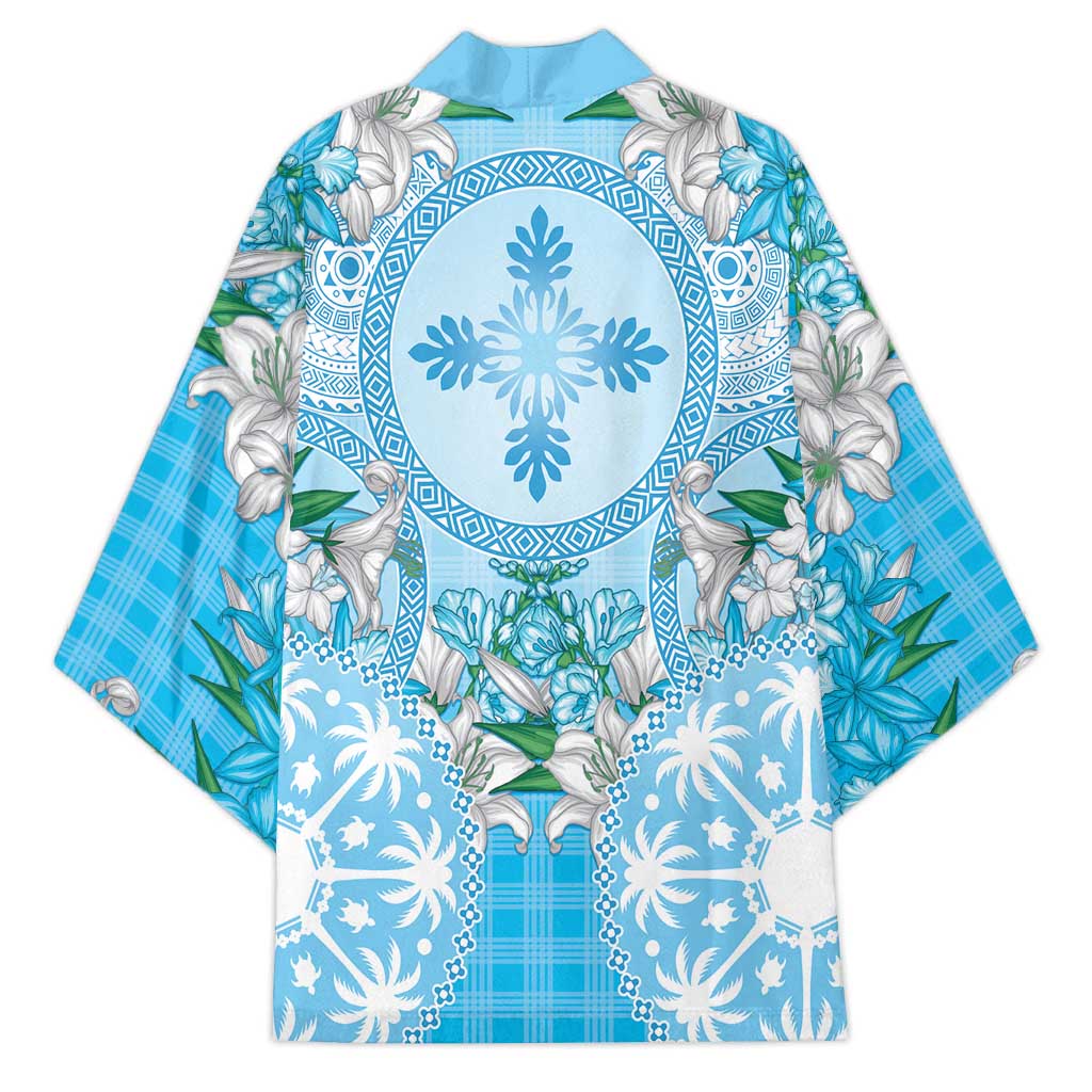 Hawaii Cyan Palaka Kimono With Tapa Pattern Tropical Flowers LT05 - Polynesian Pride