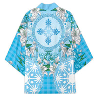 Hawaii Cyan Palaka Kimono With Tapa Pattern Tropical Flowers LT05 - Polynesian Pride
