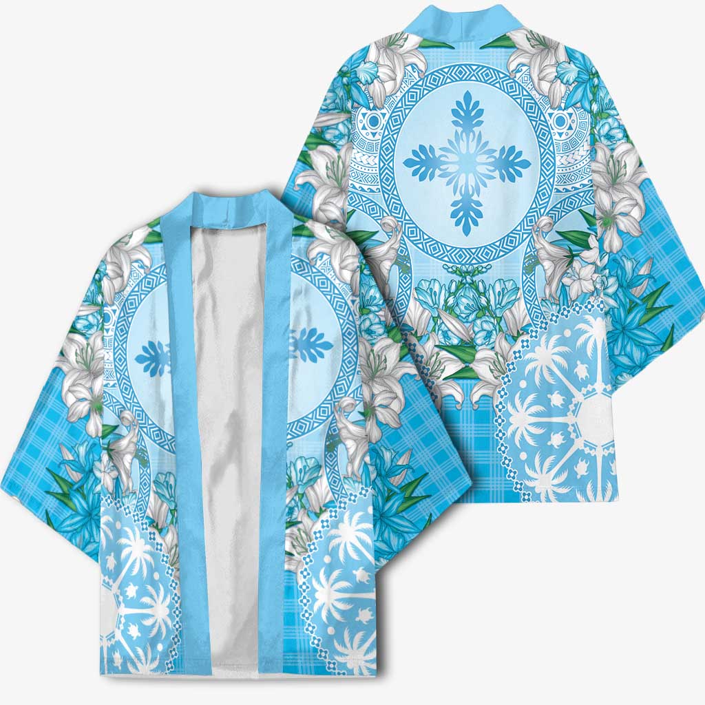 Hawaii Cyan Palaka Kimono With Tapa Pattern Tropical Flowers LT05 - Polynesian Pride
