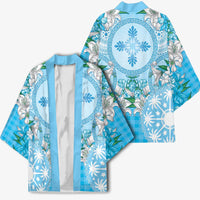 Hawaii Cyan Palaka Kimono With Tapa Pattern Tropical Flowers LT05 - Polynesian Pride