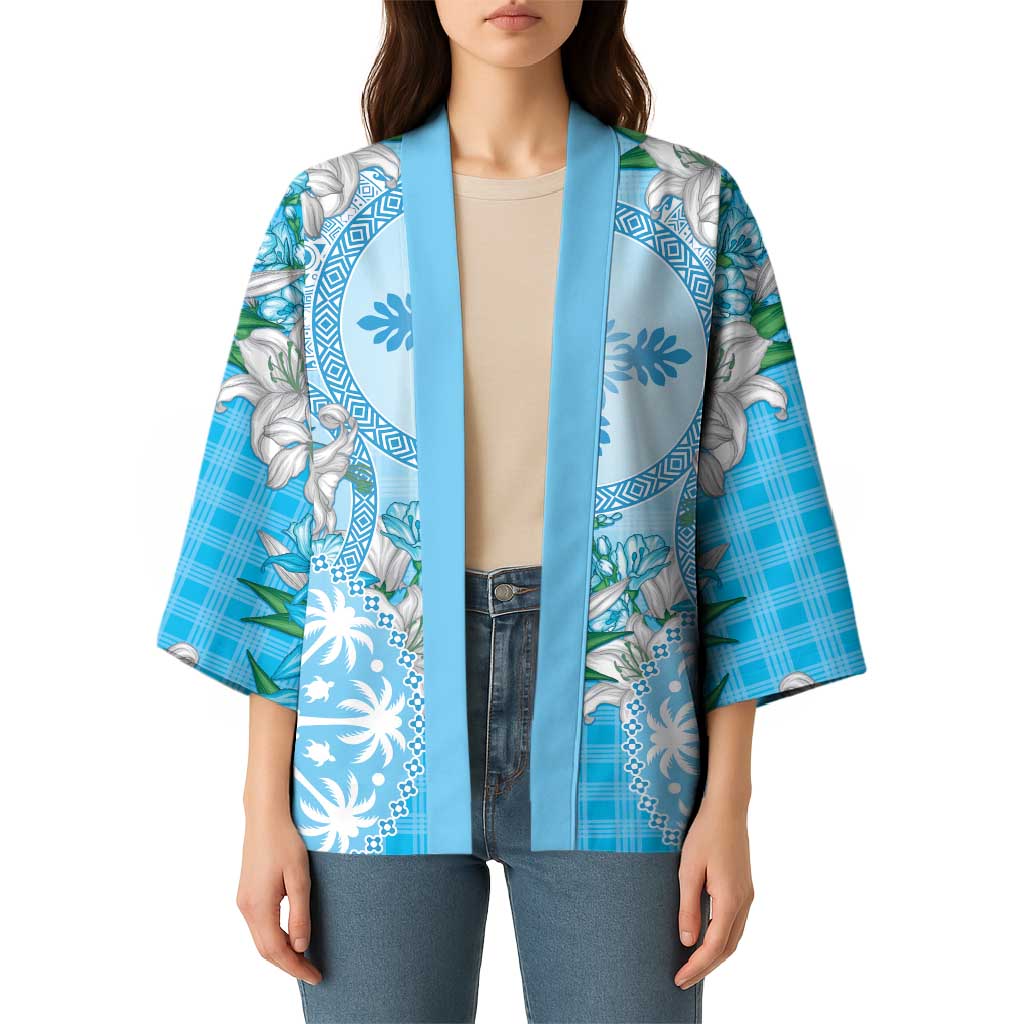 Hawaii Cyan Palaka Kimono With Tapa Pattern Tropical Flowers LT05 - Polynesian Pride
