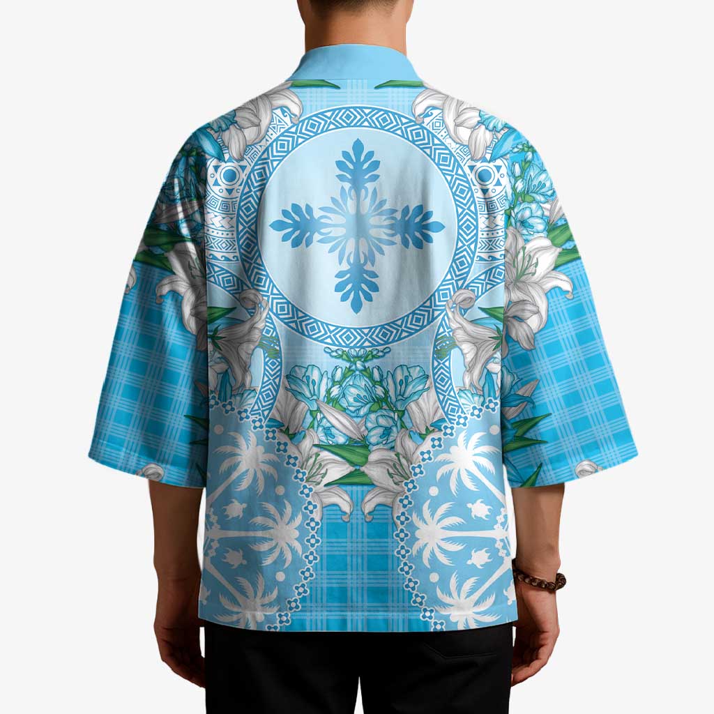 Hawaii Cyan Palaka Kimono With Tapa Pattern Tropical Flowers LT05 - Polynesian Pride