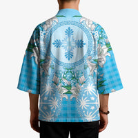Hawaii Cyan Palaka Kimono With Tapa Pattern Tropical Flowers LT05 - Polynesian Pride