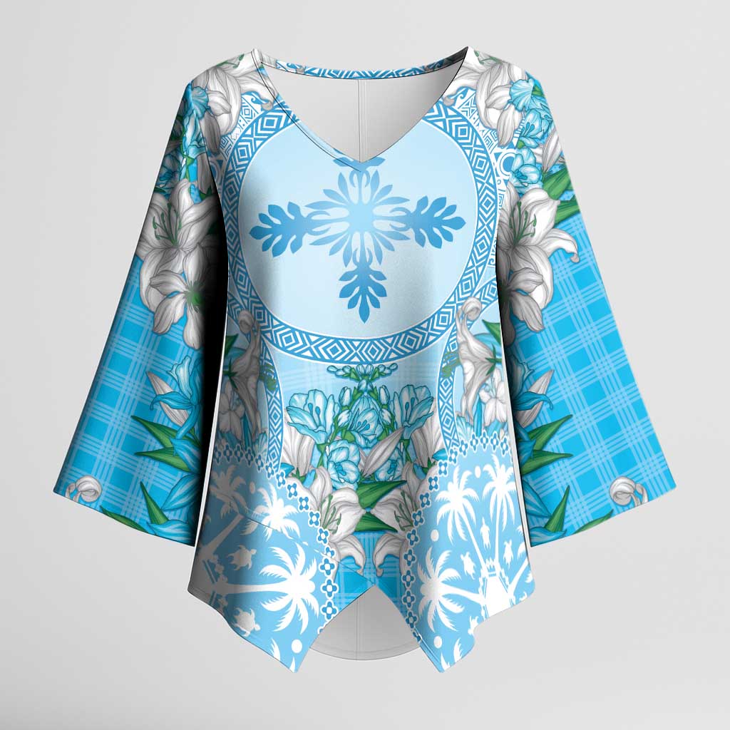 Hawaii Cyan Palaka Kimono Sleeve Blouse With Tapa Pattern Tropical Flowers LT05 Female Cyan - Polynesian Pride
