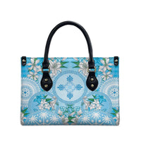 Hawaii Cyan Palaka Leather Bag With Tapa Pattern Tropical Flowers - Polynesian Pride