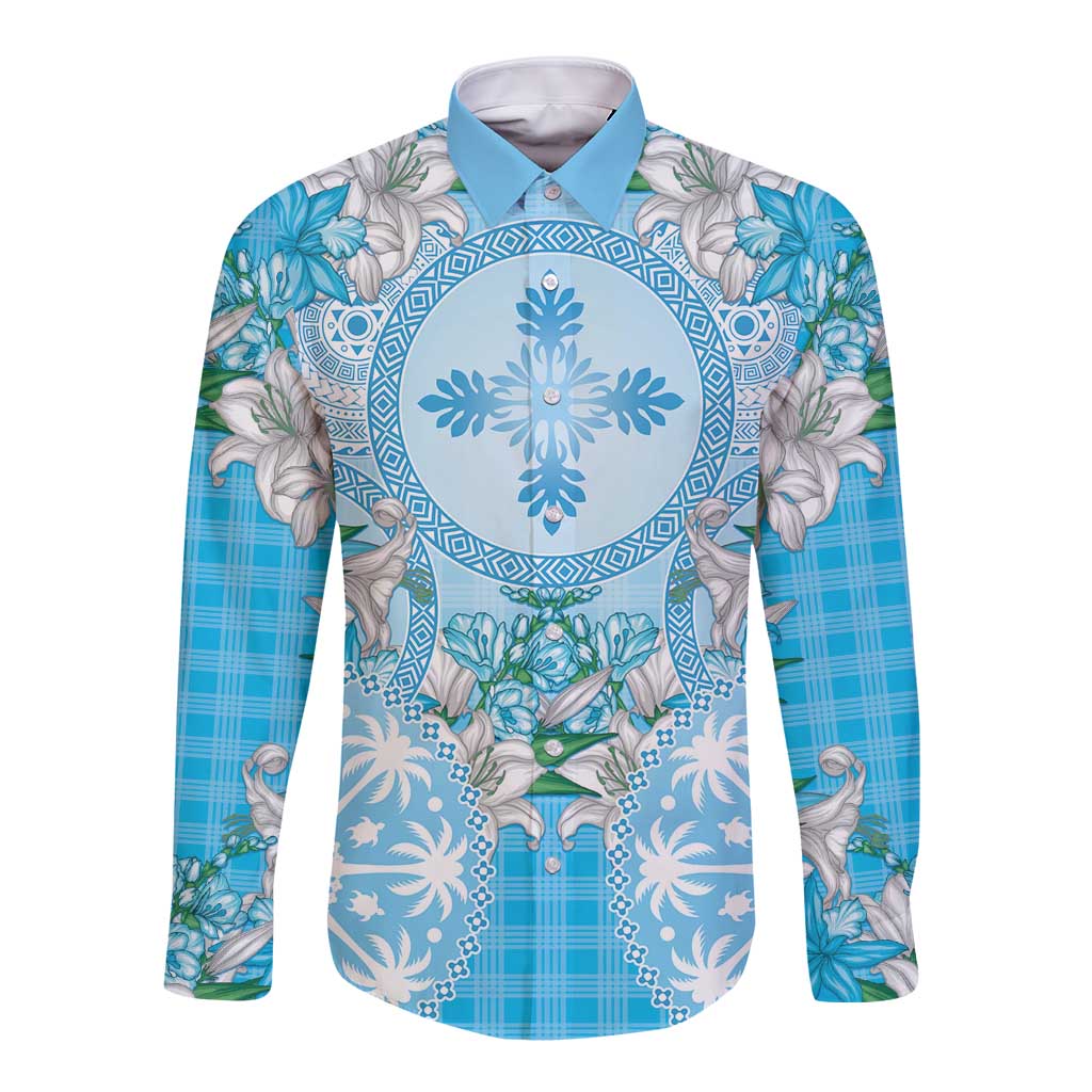 Hawaii Cyan Palaka Long Sleeve Button Shirt With Tapa Pattern Tropical Flowers LT05 Unisex Cyan - Polynesian Pride