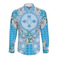 Hawaii Cyan Palaka Long Sleeve Button Shirt With Tapa Pattern Tropical Flowers LT05 Unisex Cyan - Polynesian Pride
