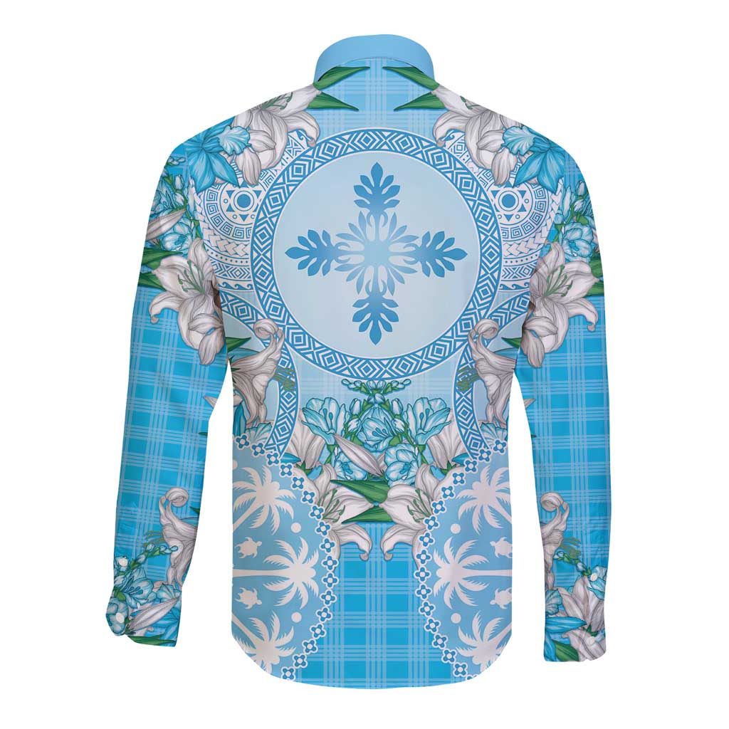 Hawaii Cyan Palaka Long Sleeve Button Shirt With Tapa Pattern Tropical Flowers LT05 - Polynesian Pride