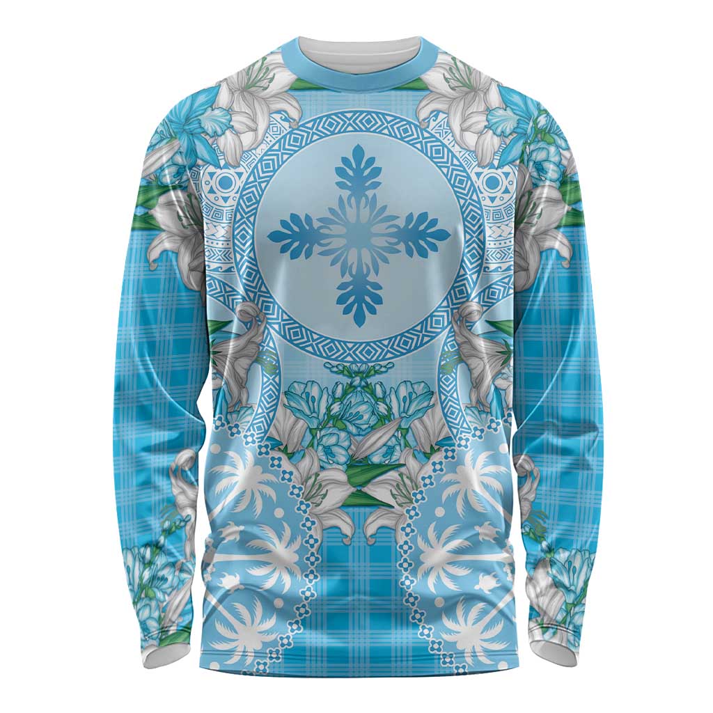 Hawaii Cyan Palaka Long Sleeve Shirt With Tapa Pattern Tropical Flowers LT05 Unisex Cyan - Polynesian Pride