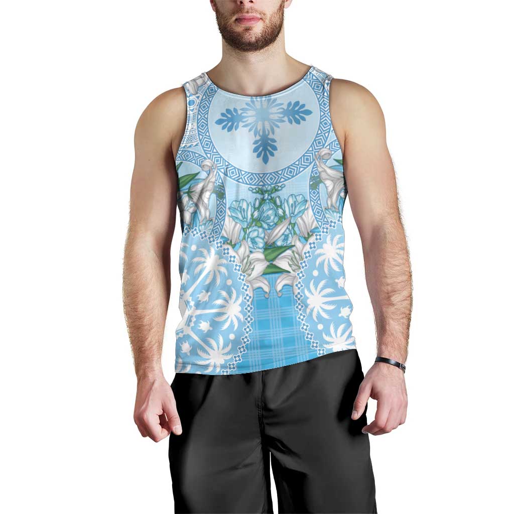 Hawaii Cyan Palaka Men Tank Top With Tapa Pattern Tropical Flowers - Polynesian Pride