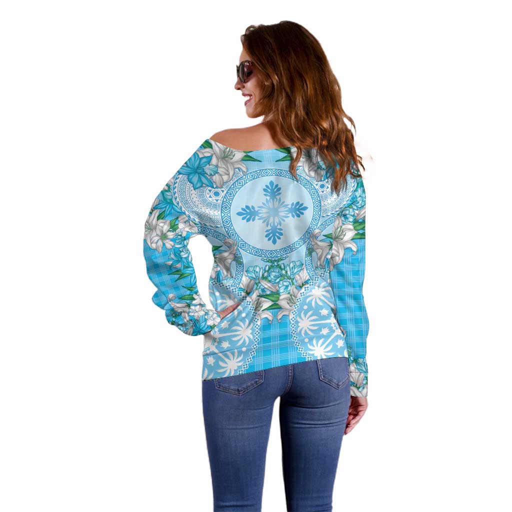 Hawaii Cyan Palaka Off Shoulder Sweater With Tapa Pattern Tropical Flowers LT05 - Polynesian Pride