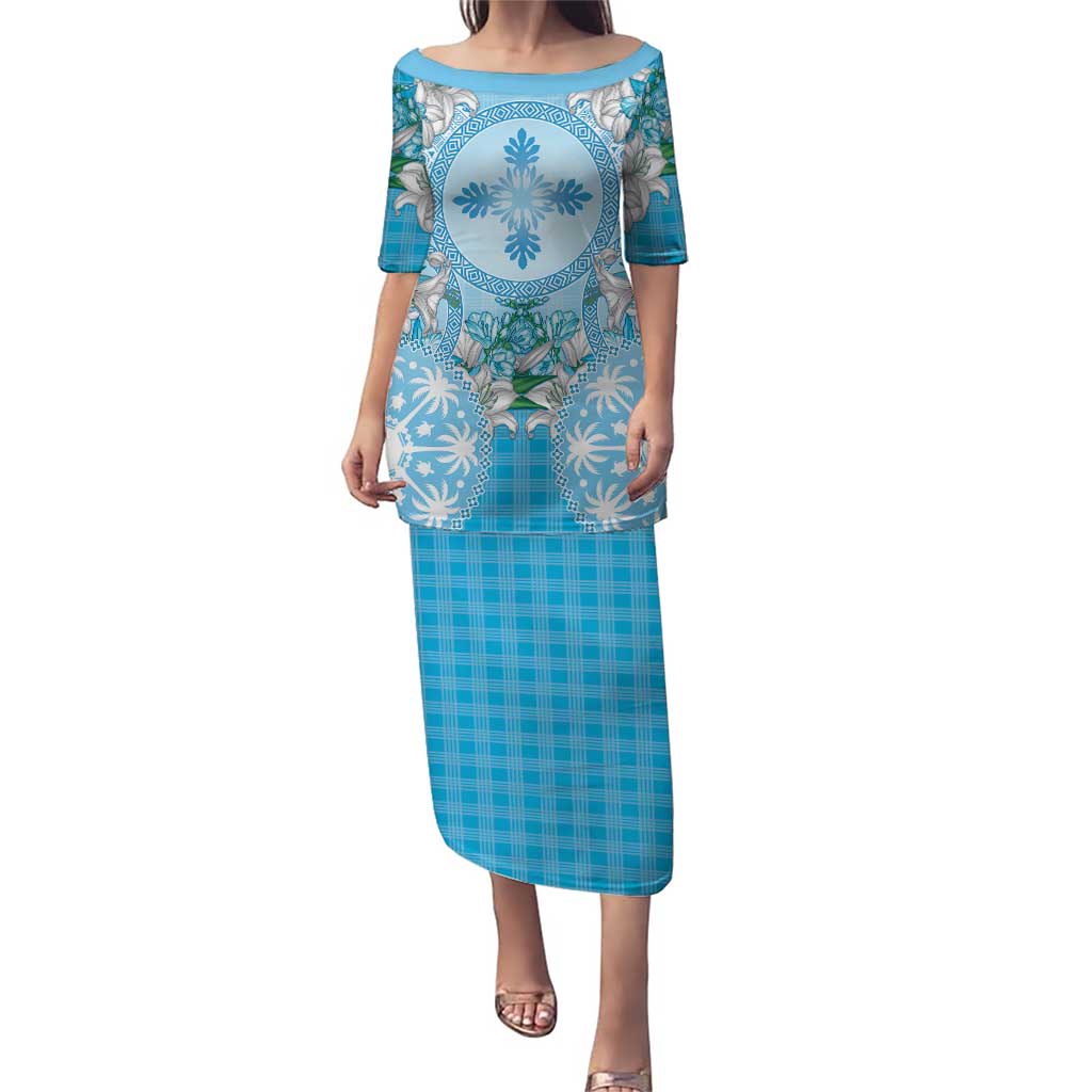 Hawaii Cyan Palaka Puletasi With Tapa Pattern Tropical Flowers LT05 Long Dress Cyan - Polynesian Pride
