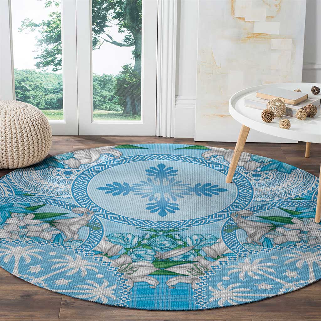 Hawaii Cyan Palaka Round Carpet With Tapa Pattern Tropical Flowers - Polynesian Pride