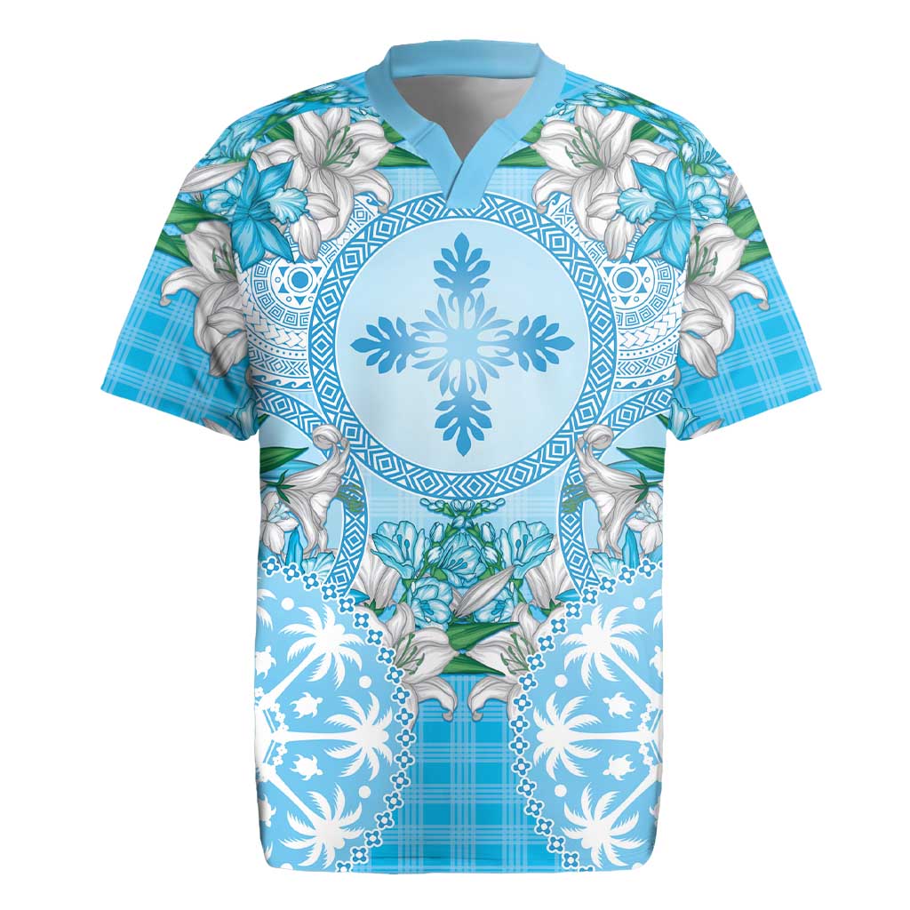 Hawaii Cyan Palaka Rugby Jersey With Tapa Pattern Tropical Flowers - Polynesian Pride